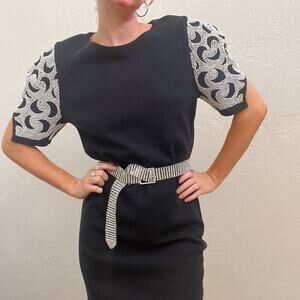 Vintage Designer 1980's Black Wool Pearl Puff Sleeve Knit Dress